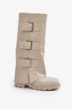 Ocieplane Kozaki Z Wywiniętą Cholewką I Klamrami Jasnobeżowe Cialetta