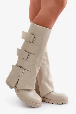 Ocieplane Kozaki Z Wywiniętą Cholewką I Klamrami Jasnobeżowe Cialetta