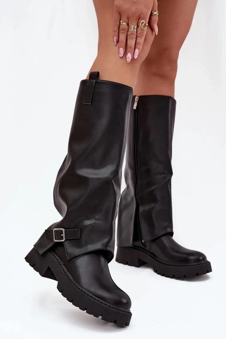 Ocieplane Kozaki Z Wywiniętą Cholewką I Klamrą Czarne Fiorae