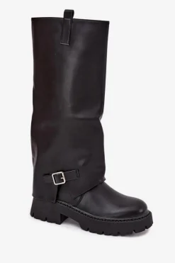 Ocieplane Kozaki Z Wywiniętą Cholewką I Klamrą Czarne Fiorae