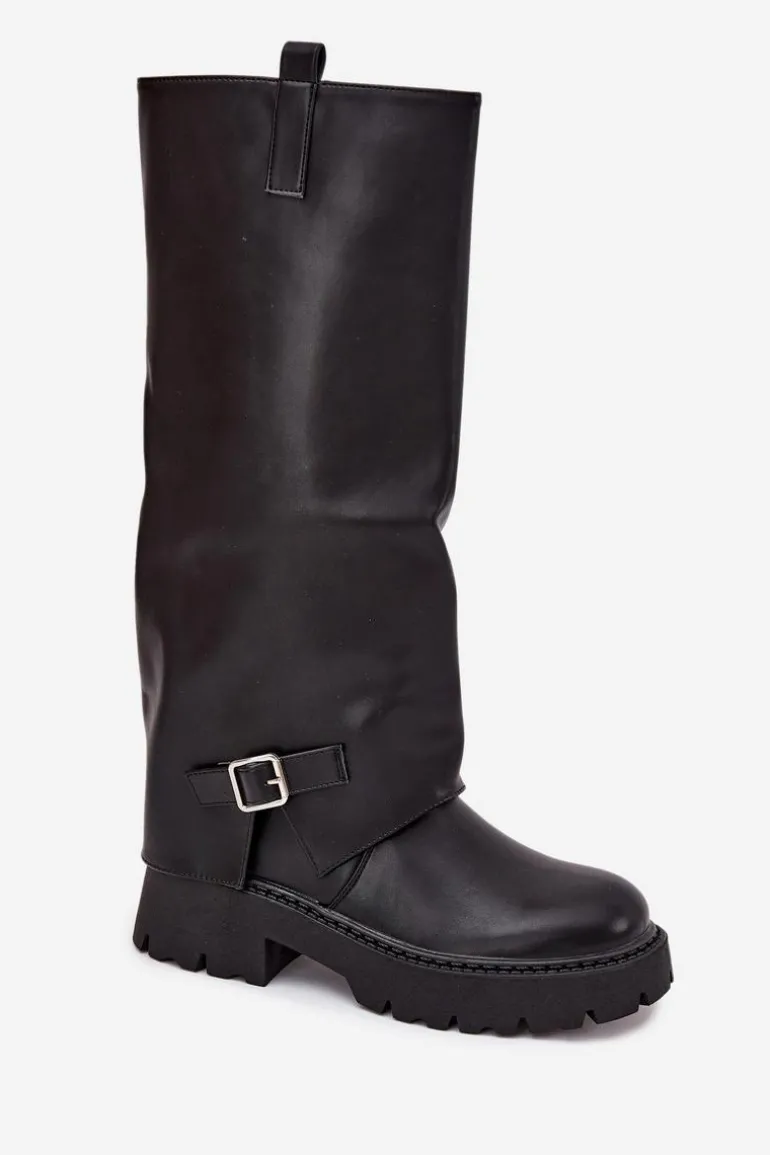 Ocieplane Kozaki Z Wywiniętą Cholewką I Klamrą Czarne Fiorae