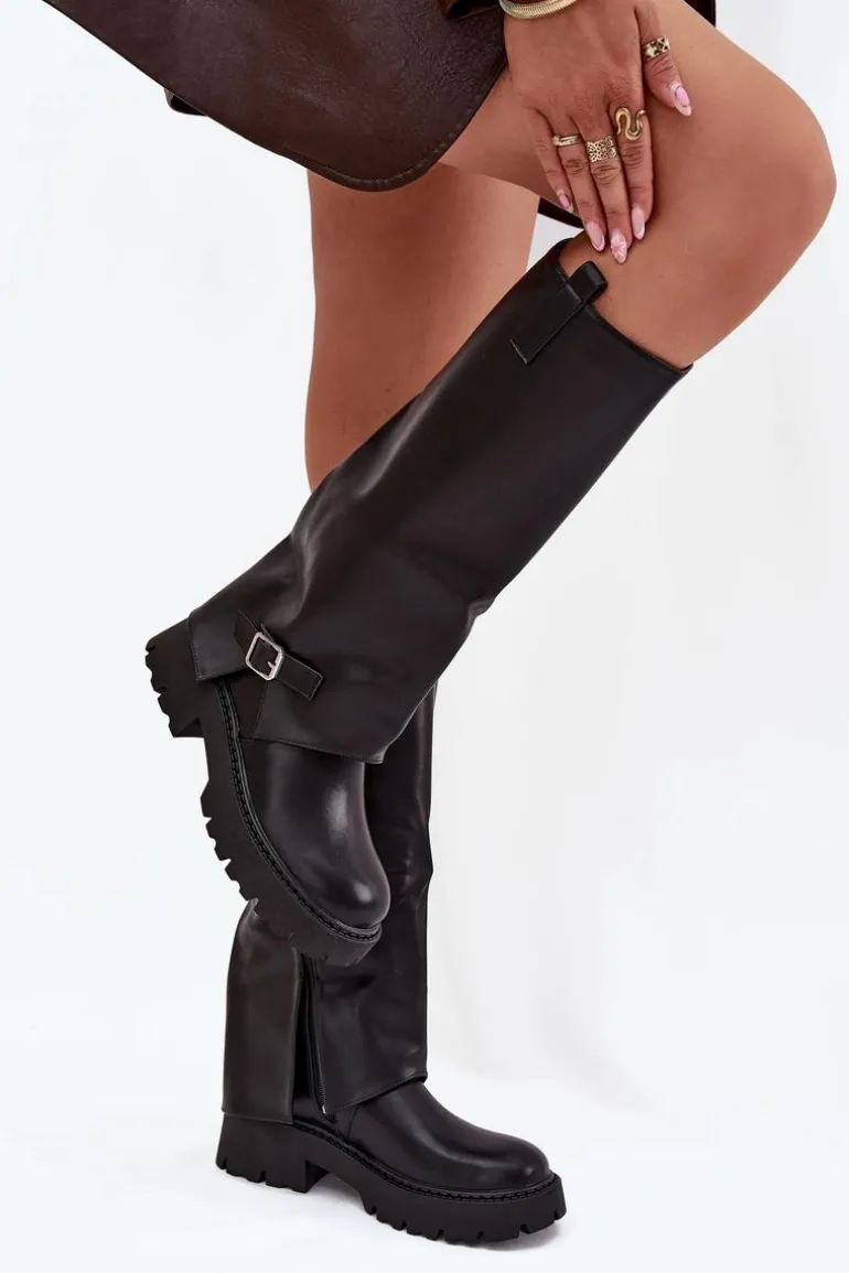 Ocieplane Kozaki Z Wywiniętą Cholewką I Klamrą Czarne Fiorae