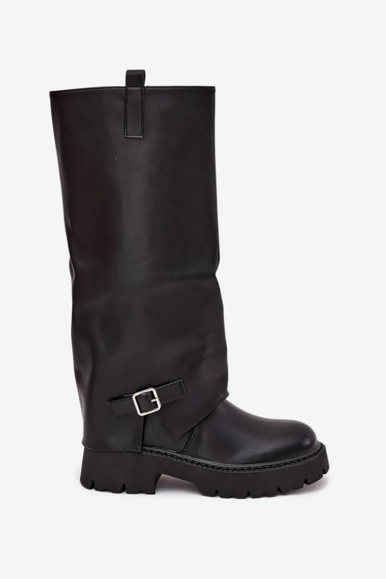 Ocieplane Kozaki Z Wywiniętą Cholewką I Klamrą Czarne Fiorae