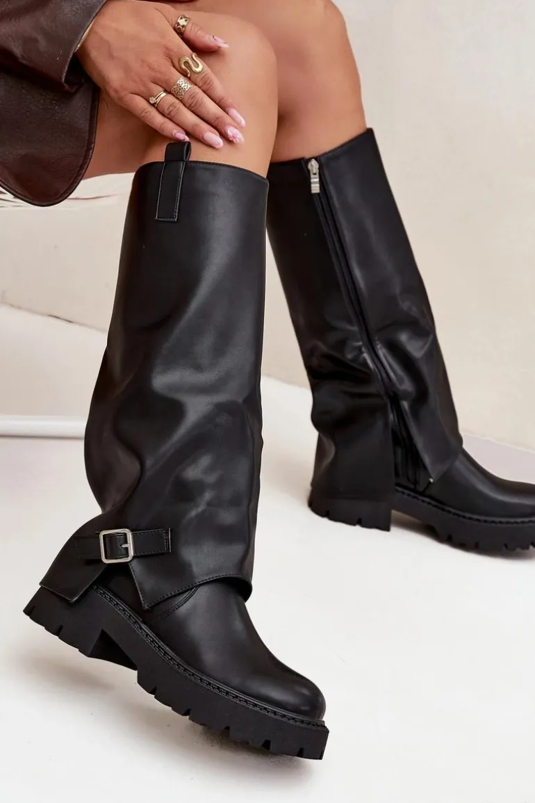 Ocieplane Kozaki Z Wywiniętą Cholewką I Klamrą Czarne Fiorae