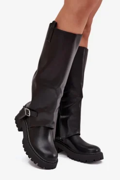 Ocieplane Kozaki Z Wywiniętą Cholewką I Klamrą Czarne Fiorae