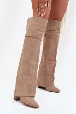 Ocieplane Kozaki Z Wywiniętą Cholewką Za Kolano Obcas Słupek Beżowe Serelle