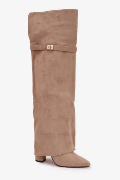 Ocieplane Kozaki Z Wywiniętą Cholewką Za Kolano Obcas Słupek Beżowe Serelle