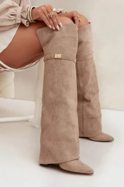 Ocieplane Kozaki Z Wywiniętą Cholewką Za Kolano Obcas Słupek Beżowe Serelle