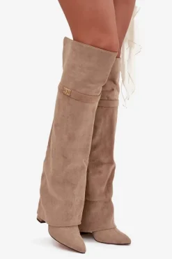 Ocieplane Kozaki Z Wywiniętą Cholewką Za Kolano Obcas Słupek Beżowe Serelle