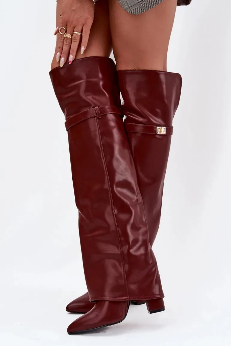 Ocieplane Kozaki Z Wywiniętą Cholewką Za Kolano Obcas Słupek Bordowe Serelle