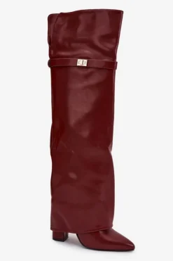 Ocieplane Kozaki Z Wywiniętą Cholewką Za Kolano Obcas Słupek Bordowe Serelle