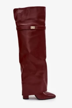 Ocieplane Kozaki Z Wywiniętą Cholewką Za Kolano Obcas Słupek Bordowe Serelle