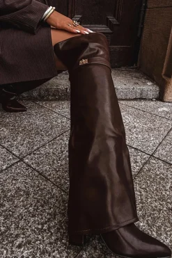 Ocieplane Kozaki Z Wywiniętą Cholewką Za Kolano Obcas Słupek Brązowe Serelle