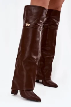 Ocieplane Kozaki Z Wywiniętą Cholewką Za Kolano Obcas Słupek Brązowe Serelle