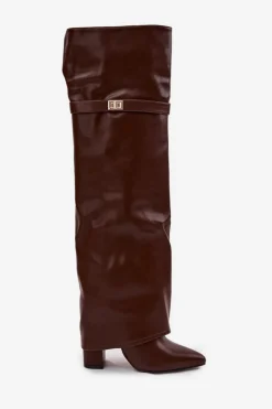 Ocieplane Kozaki Z Wywiniętą Cholewką Za Kolano Obcas Słupek Brązowe Serelle