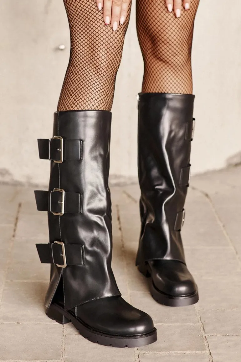 Ocieplane Kozaki Z Wywiniętą Cholewką I Klamrami Czarne Cialetta