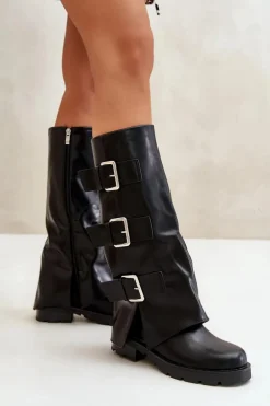 Ocieplane Kozaki Z Wywiniętą Cholewką I Klamrami Czarne Cialetta