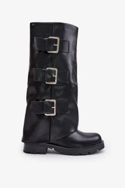 Ocieplane Kozaki Z Wywiniętą Cholewką I Klamrami Czarne Cialetta