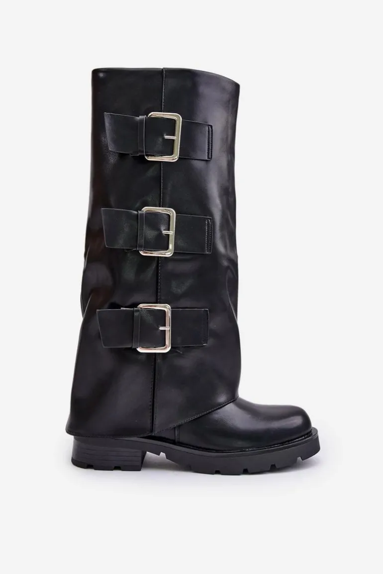 Ocieplane Kozaki Z Wywiniętą Cholewką I Klamrami Czarne Cialetta