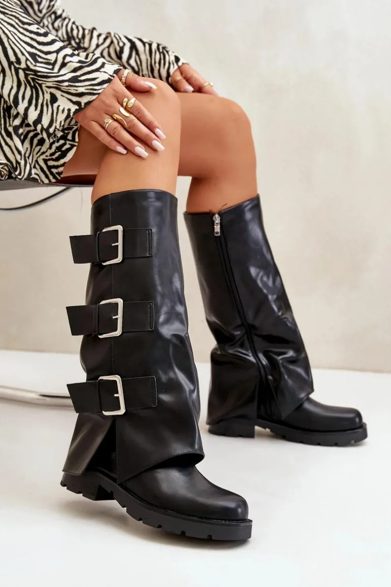 Ocieplane Kozaki Z Wywiniętą Cholewką I Klamrami Czarne Cialetta