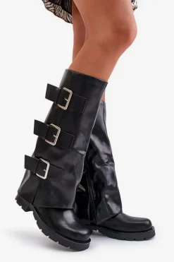 Ocieplane Kozaki Z Wywiniętą Cholewką I Klamrami Czarne Cialetta