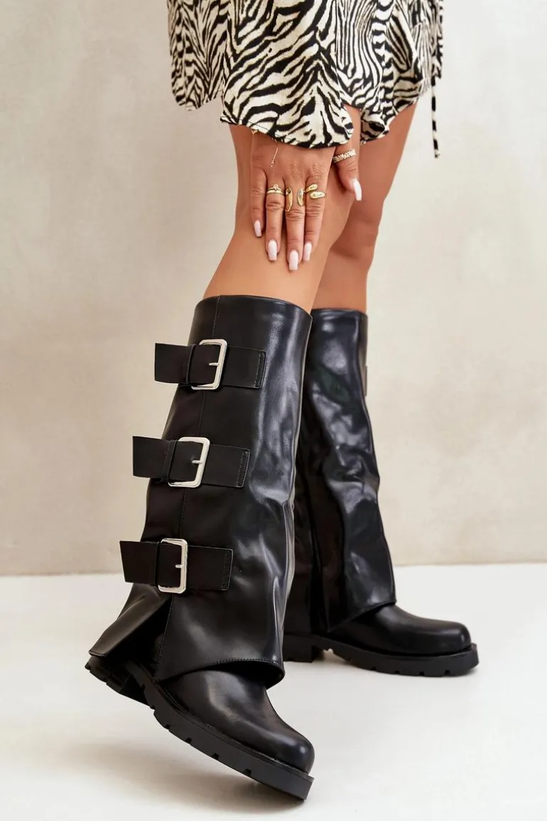 Ocieplane Kozaki Z Wywiniętą Cholewką I Klamrami Czarne Cialetta