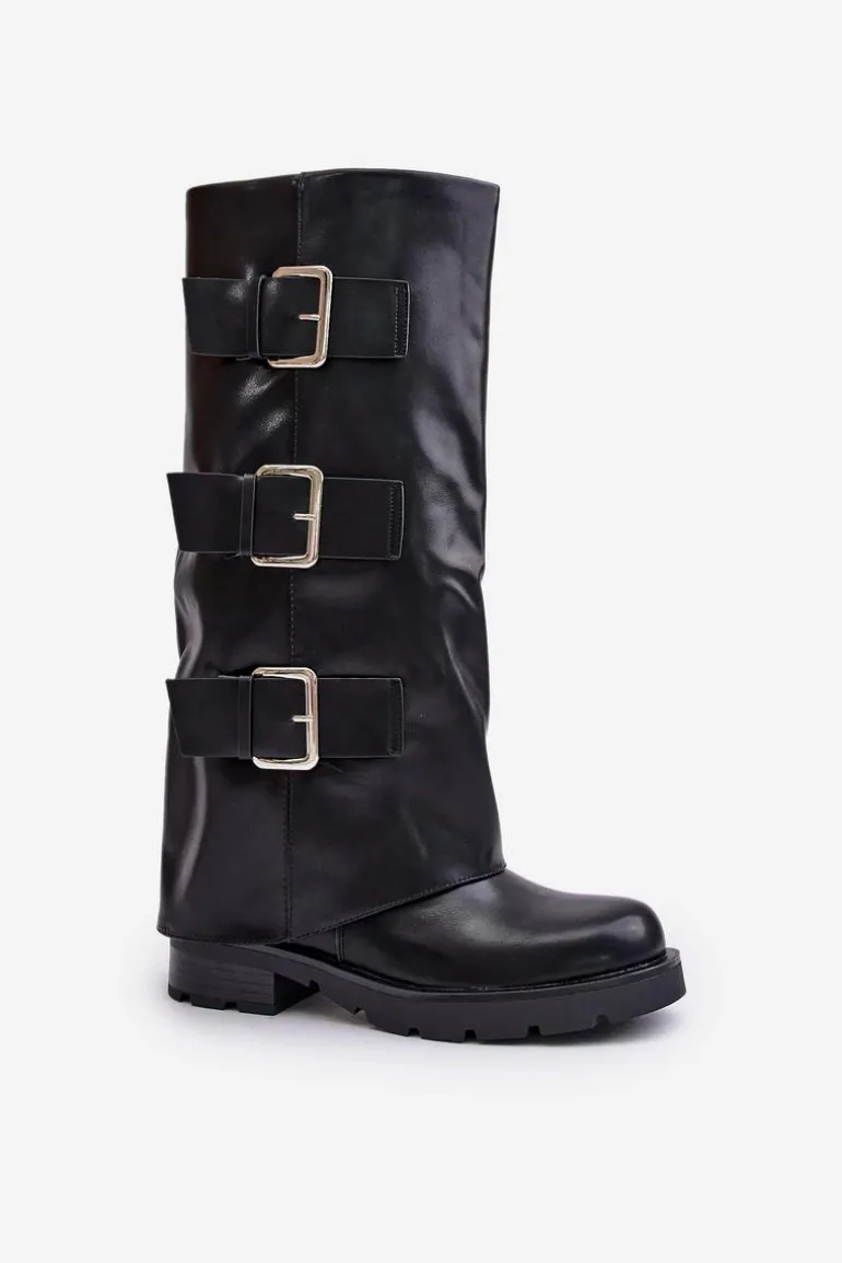 Ocieplane Kozaki Z Wywiniętą Cholewką I Klamrami Czarne Cialetta