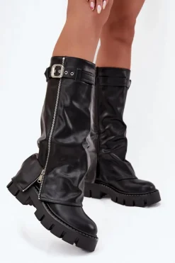 Ocieplane Kozaki Z Wywiniętą Cholewką Klamrą I Srebrnym Zamkiem Czarne Armena