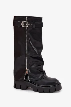 Ocieplane Kozaki Z Wywiniętą Cholewką Klamrą I Srebrnym Zamkiem Czarne Armena