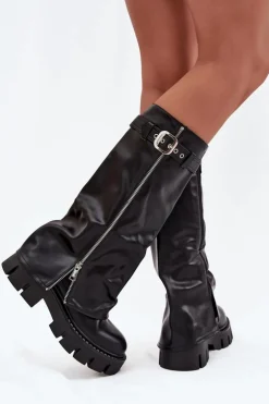 Ocieplane Kozaki Z Wywiniętą Cholewką Klamrą I Srebrnym Zamkiem Czarne Armena