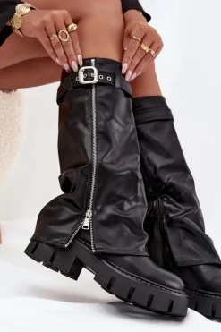 Ocieplane Kozaki Z Wywiniętą Cholewką Klamrą I Srebrnym Zamkiem Czarne Armena