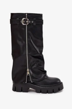 Ocieplane Kozaki Z Wywiniętą Cholewką Klamrą I Srebrnym Zamkiem Czarne Armena