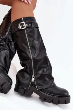 Ocieplane Kozaki Z Wywiniętą Cholewką Klamrą I Srebrnym Zamkiem Czarne Armena