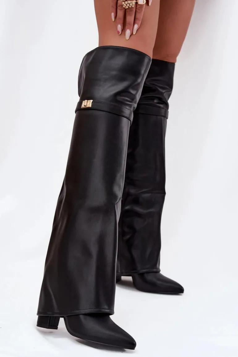 Ocieplane Kozaki Z Wywiniętą Cholewką Za Kolano Obcas Słupek Czarne Serelle