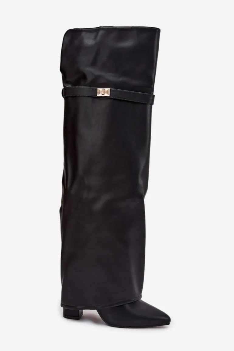 Ocieplane Kozaki Z Wywiniętą Cholewką Za Kolano Obcas Słupek Czarne Serelle