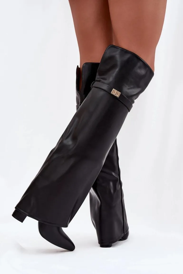 Ocieplane Kozaki Z Wywiniętą Cholewką Za Kolano Obcas Słupek Czarne Serelle