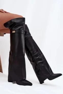 Ocieplane Kozaki Z Wywiniętą Cholewką Za Kolano Obcas Słupek Czarne Serelle