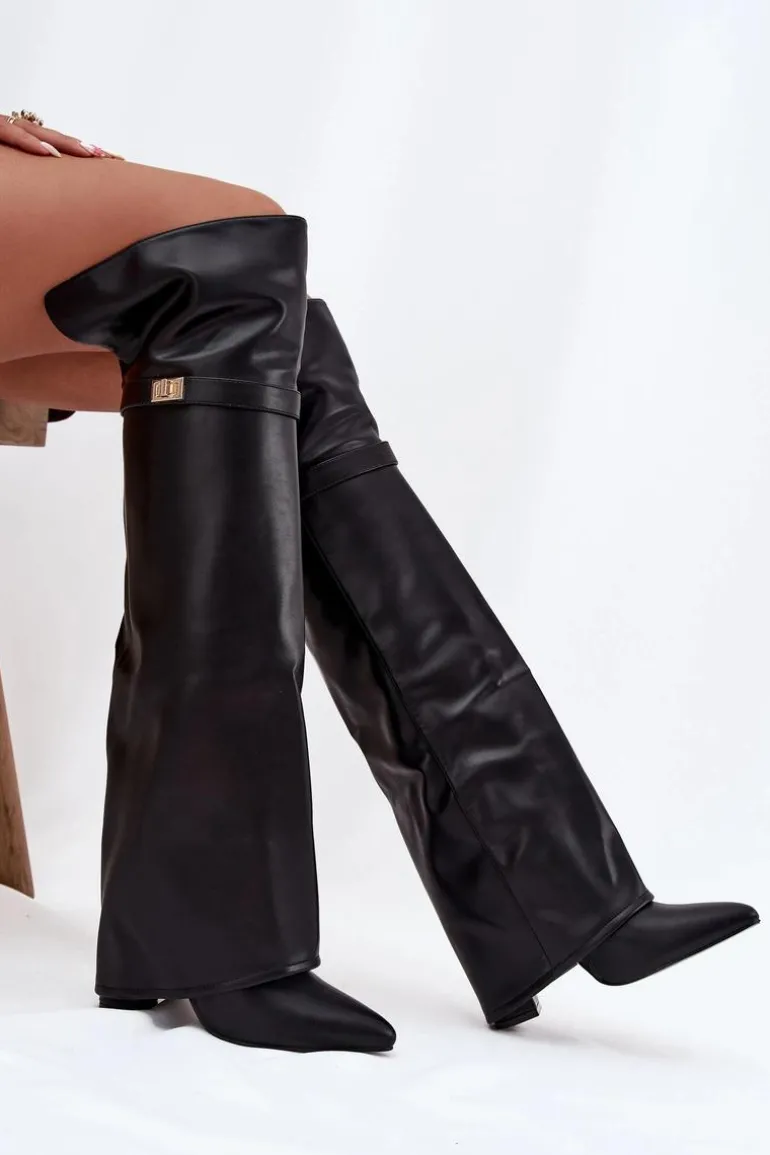 Ocieplane Kozaki Z Wywiniętą Cholewką Za Kolano Obcas Słupek Czarne Serelle