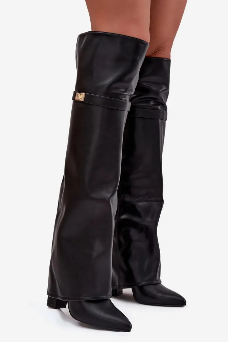 Ocieplane Kozaki Z Wywiniętą Cholewką Za Kolano Obcas Słupek Czarne Serelle