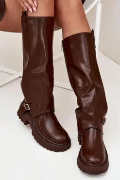 Ocieplane Kozaki Z Wywiniętą Cholewką I Klamrą Czekoladowe Fiorae