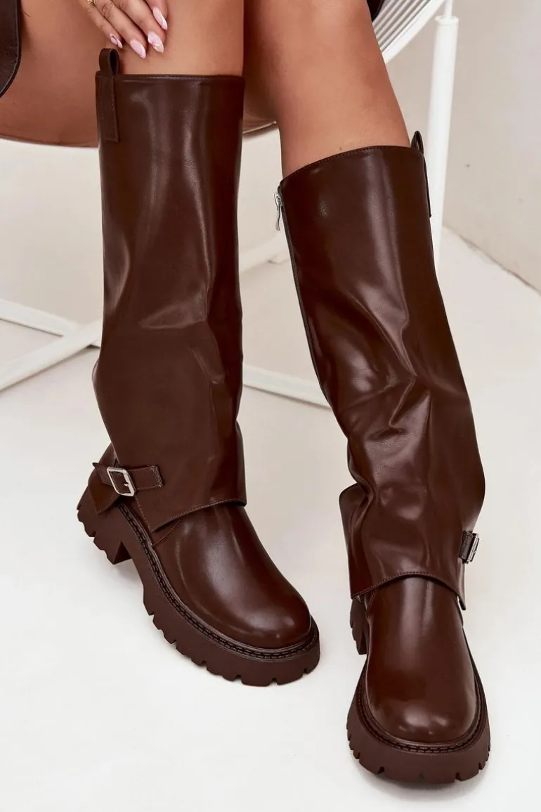 Ocieplane Kozaki Z Wywiniętą Cholewką I Klamrą Czekoladowe Fiorae