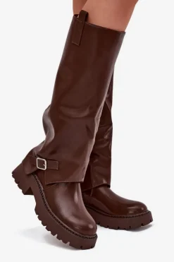 Ocieplane Kozaki Z Wywiniętą Cholewką I Klamrą Czekoladowe Fiorae