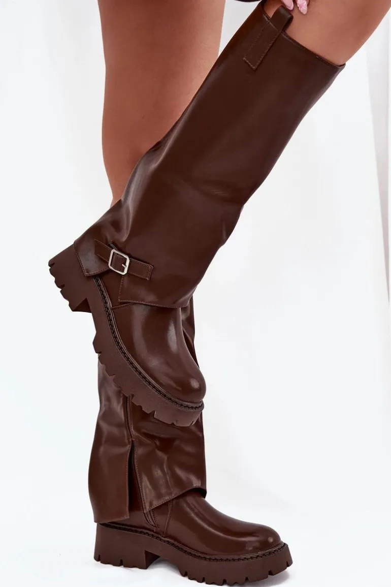 Ocieplane Kozaki Z Wywiniętą Cholewką I Klamrą Czekoladowe Fiorae