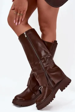 Ocieplane Kozaki Z Wywiniętą Cholewką I Klamrą Czekoladowe Fiorae