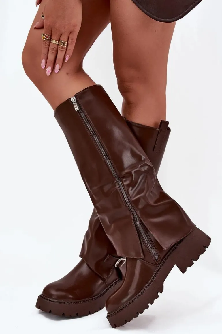 Ocieplane Kozaki Z Wywiniętą Cholewką I Klamrą Czekoladowe Fiorae