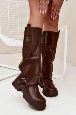 Ocieplane Kozaki Z Wywiniętą Cholewką I Klamrą Czekoladowe Fiorae