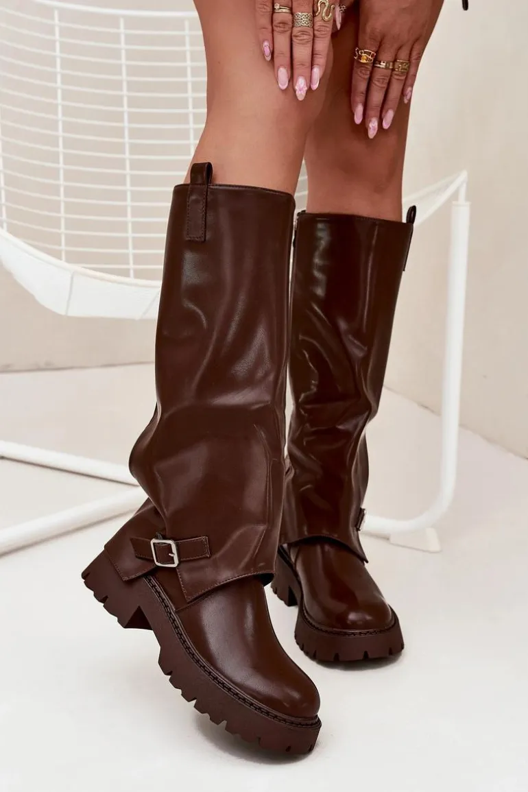 Ocieplane Kozaki Z Wywiniętą Cholewką I Klamrą Czekoladowe Fiorae