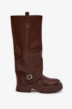 Ocieplane Kozaki Z Wywiniętą Cholewką I Klamrą Czekoladowe Fiorae