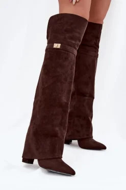 Ocieplane Kozaki Z Wywiniętą Cholewką Za Kolano Obcas Słupek Czekoladowe Serelle