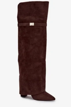 Ocieplane Kozaki Z Wywiniętą Cholewką Za Kolano Obcas Słupek Czekoladowe Serelle